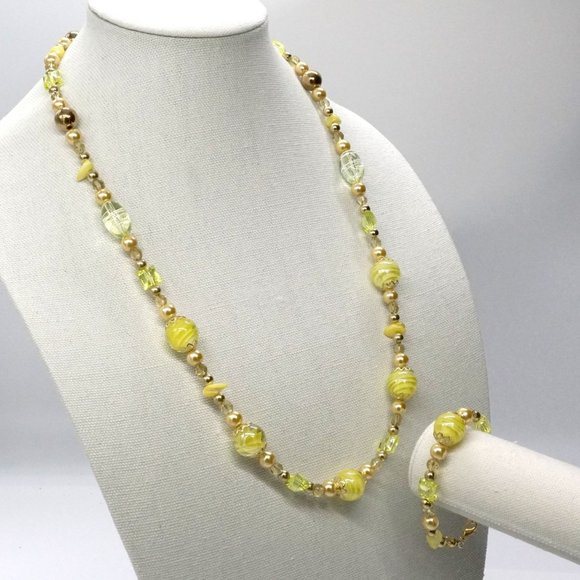 My Bead Emporium Jewelry - Necklace Bracelet Set Yellow Hand Blown Glass Beads Pearls Gold Bead Capping